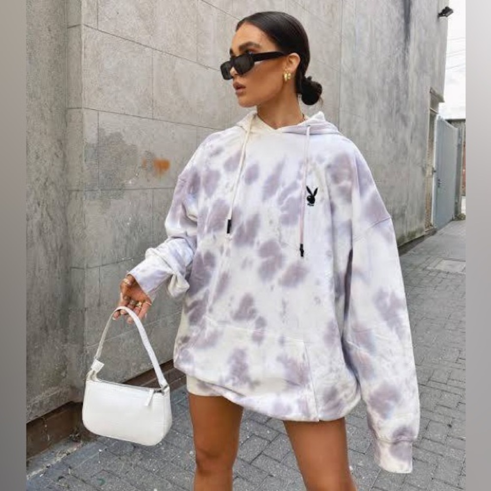 PLAYBOY White & Light Gray Tie-Dye Oversized Hoodie